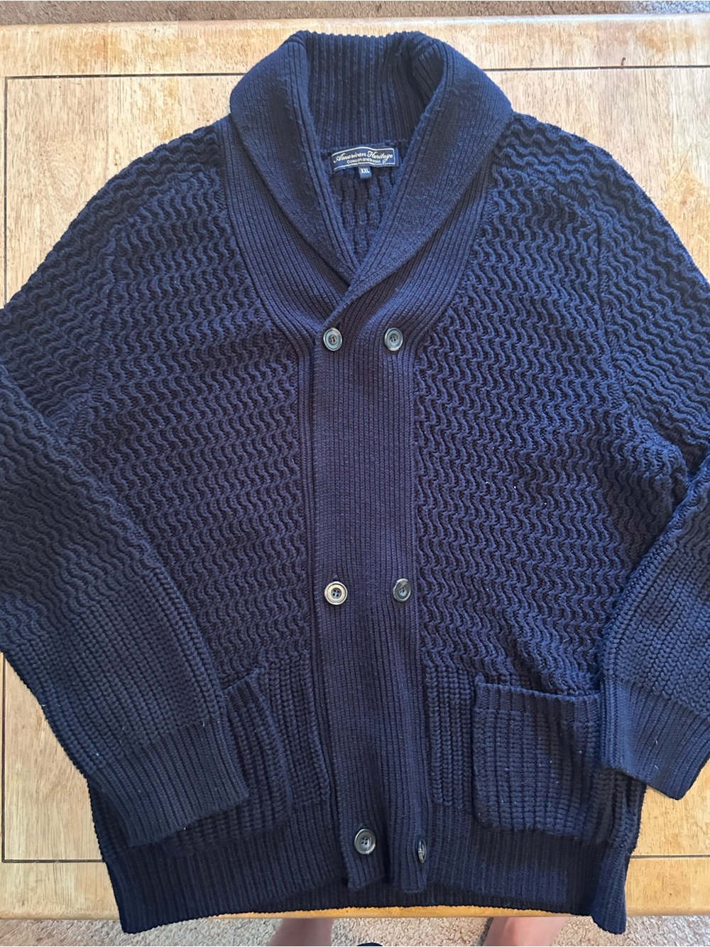 Shawl Collar Double-Breasted Navy Cardigan Sweater